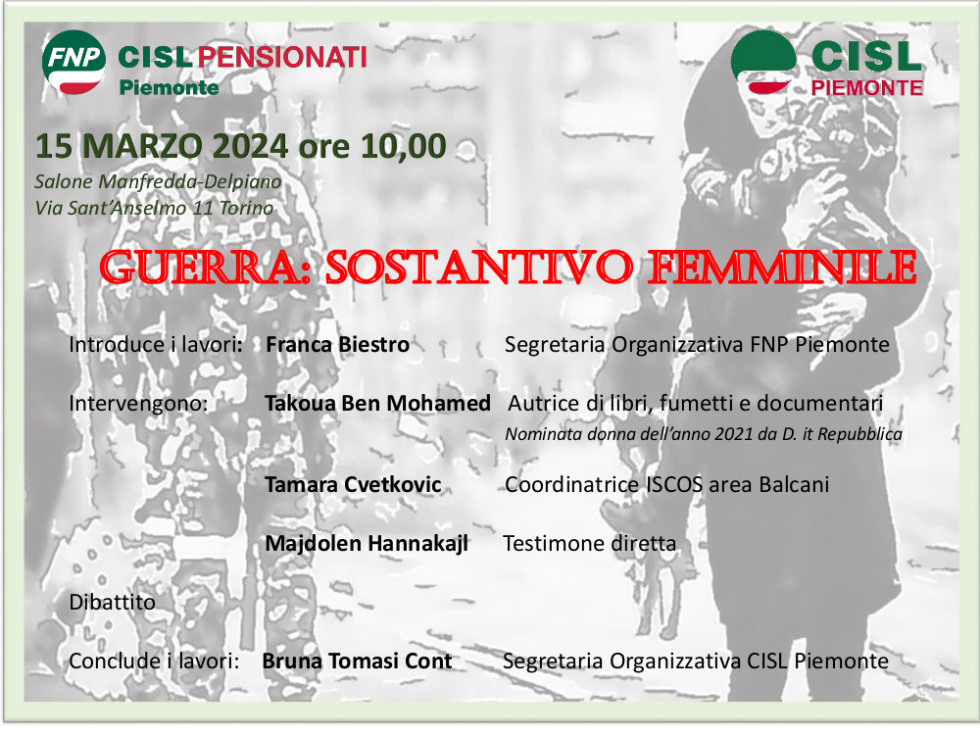 FNP e CISL Piemonte insieme per parlare di donne e guerra 