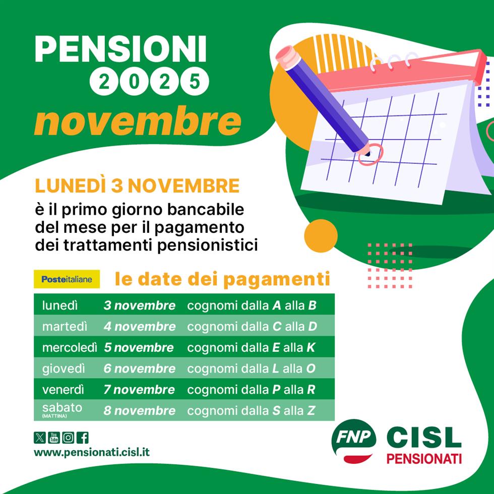Pensioni novembre 2025, il calendario dei pagamenti Pensioni novembre 2025, il calendario dei pagamenti