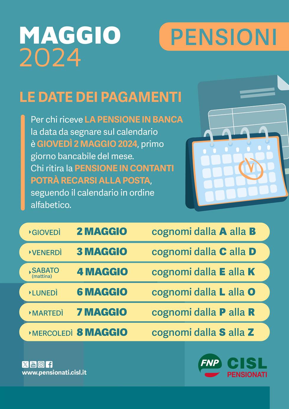 Pensioni maggio 2024, date di pagamento e novità sul cedolino